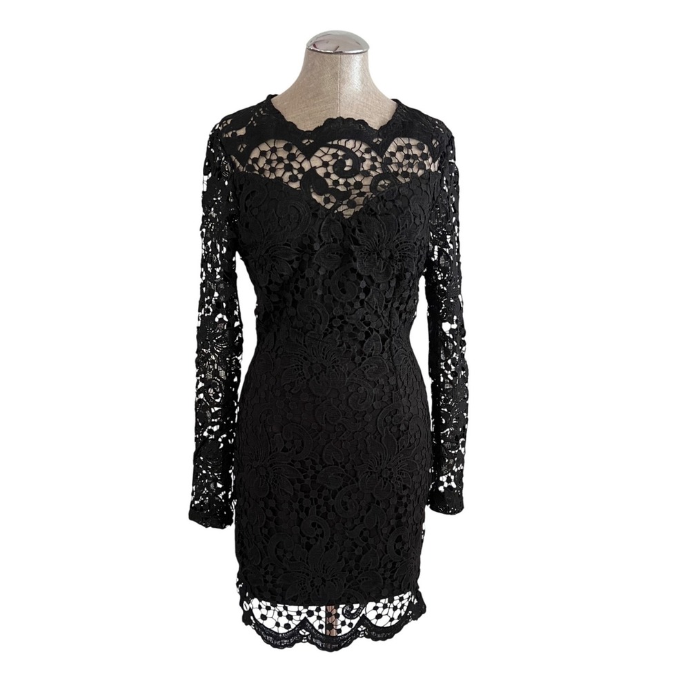 SHEIN Black Crochet Lace Bodycon Mini Dress Open Back Long Sleeve Size S